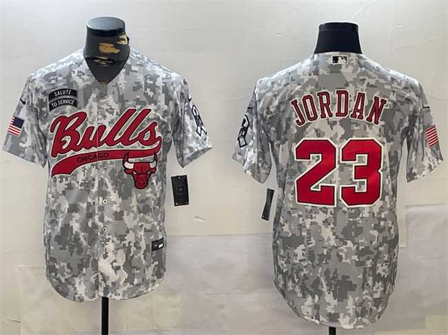 Mens Chicago Bulls #23 Michael Jordan 2024 Arctic Camo Salute To Service Stitched Baseball Jersey